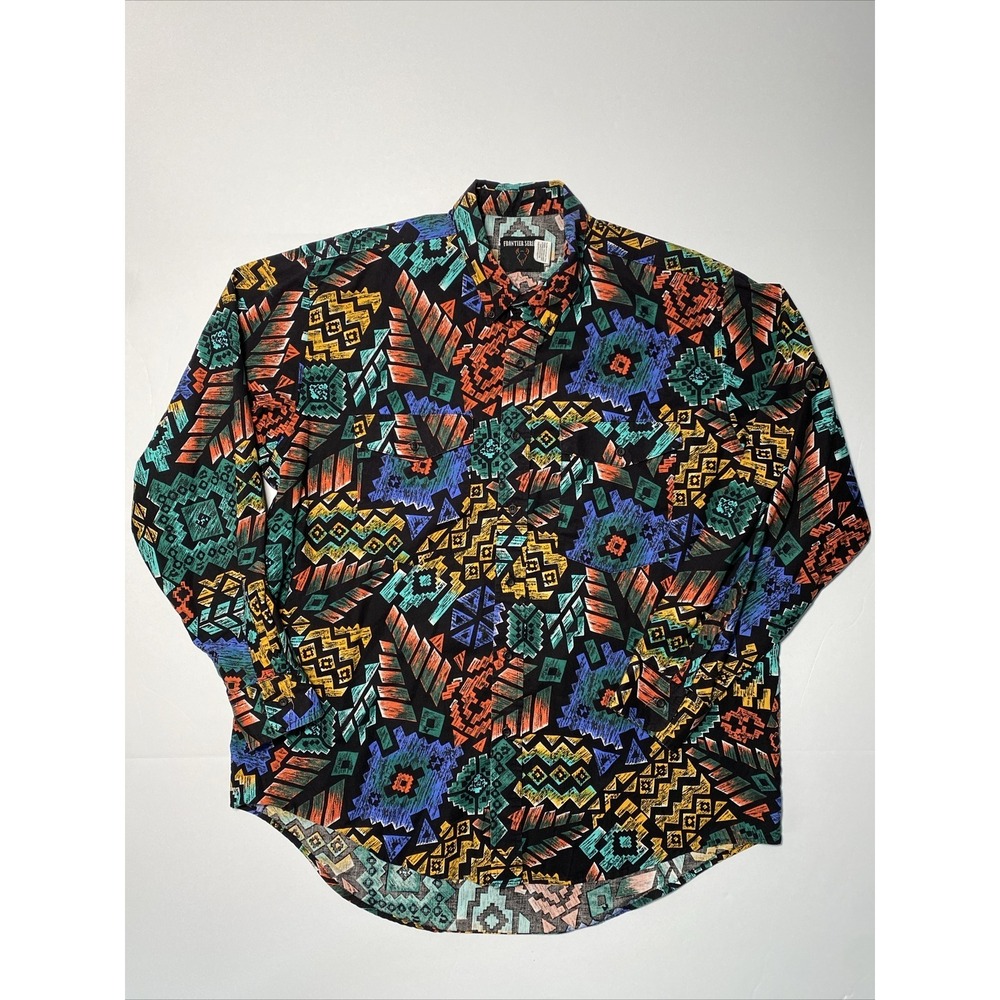 Vintage Frontier Series Aztec AOP Western Shirt Men's XL 90's‎ Black Button Up